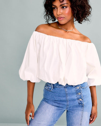 Cream off shoulder blouse with puff sleeves