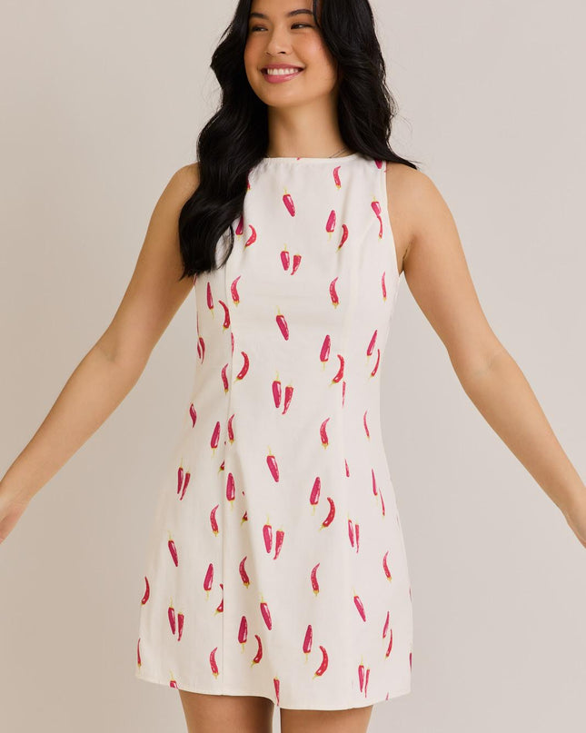 100% cotton mini dress with red pepper print
