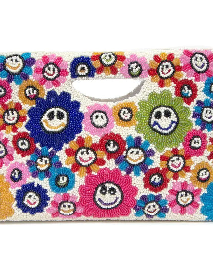 colorful hand beaded smiley face floral clutch bag