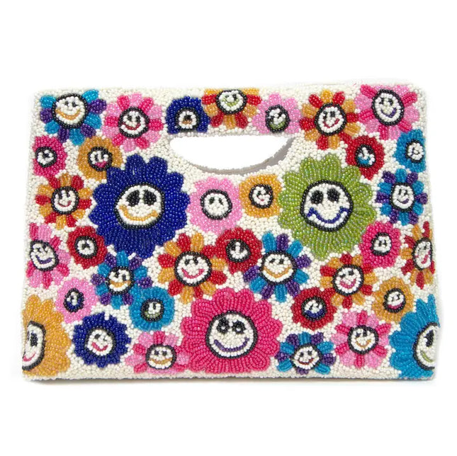 colorful hand beaded smiley face floral clutch bag
