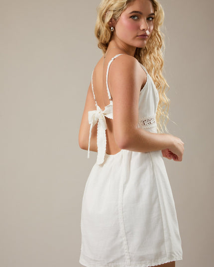 Cottage Bow Back Mini Dress – White Cotton Lace Trim Sundress