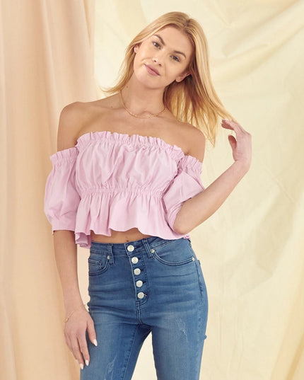 Pink off shoulder ruffle crop top with puff sleeves