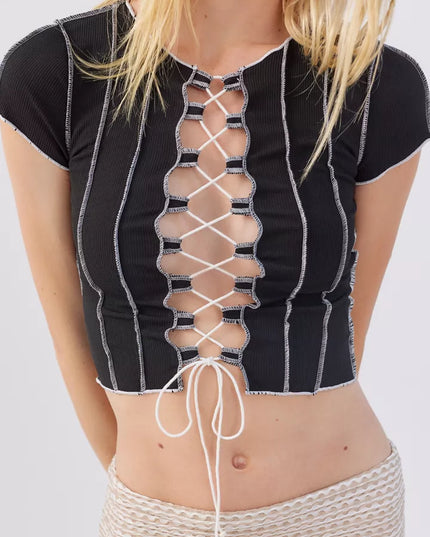 Cross My Heart Lace-Up Crop Top | Edgy Black Ribbed Top – Calli’s Curations