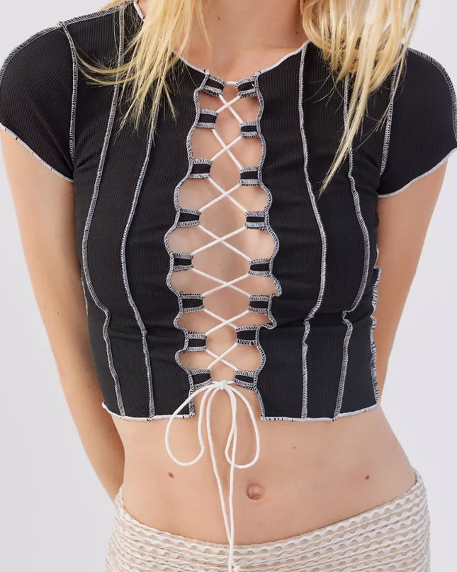 Cross My Heart Lace-Up Crop Top | Edgy Black Ribbed Top – Calli’s Curations