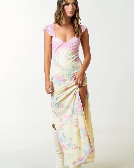 Floral maxi dress with lace trim bodice and side slit