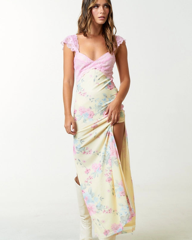 Floral maxi dress with lace trim bodice and side slit