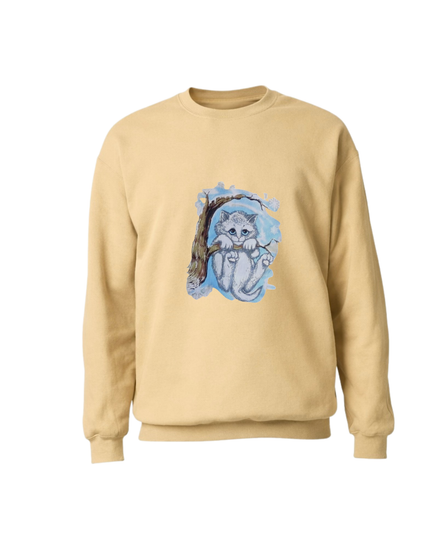 Beige sweatshirt with a graphic of a cat and tree on a white background