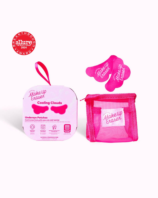 make up eraser brand hot pink cloud shaped under eye patches - picture shows the patches, the pouch to wash them in and the box packaging