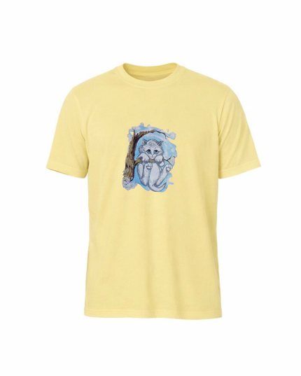 Yellow t-shirt with a graphic of a cat in a blue sweater on a white background