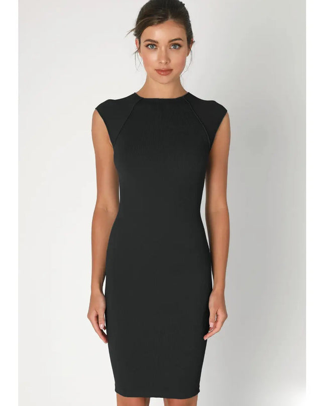 Black dress worn by a model on a white background