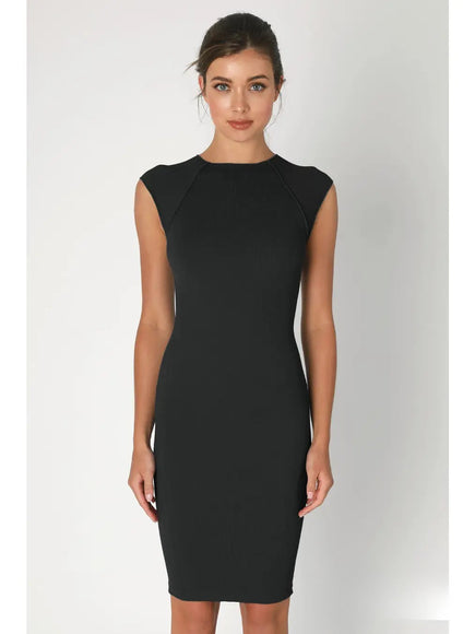 Black dress worn by a model on a white background