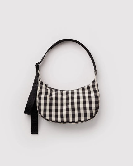 BAGGU SMALL NYLON CRESCENT BAG - BLACK AND CREAM GINGHAM