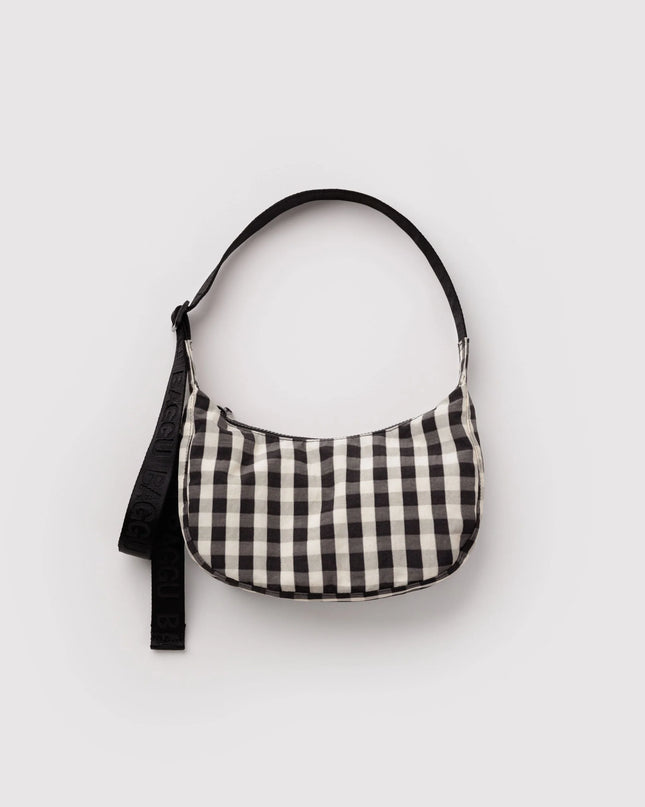 BAGGU SMALL NYLON CRESCENT BAG - BLACK AND CREAM GINGHAM