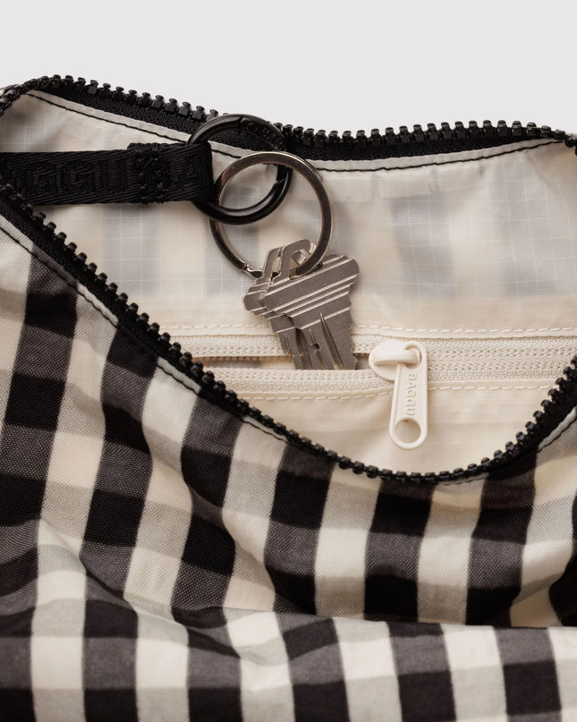 BAGGU SMALL NYLON CRESCENT BAG - BLACK AND CREAM GINGHAM