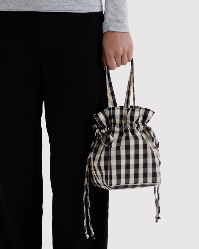 BAGGU NYLON DRAWSTRING BAG - BLACK AND CREAM GINGHAM