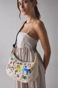 Baggu Nylon Crescent Bag - Embroidered Painted Prairie