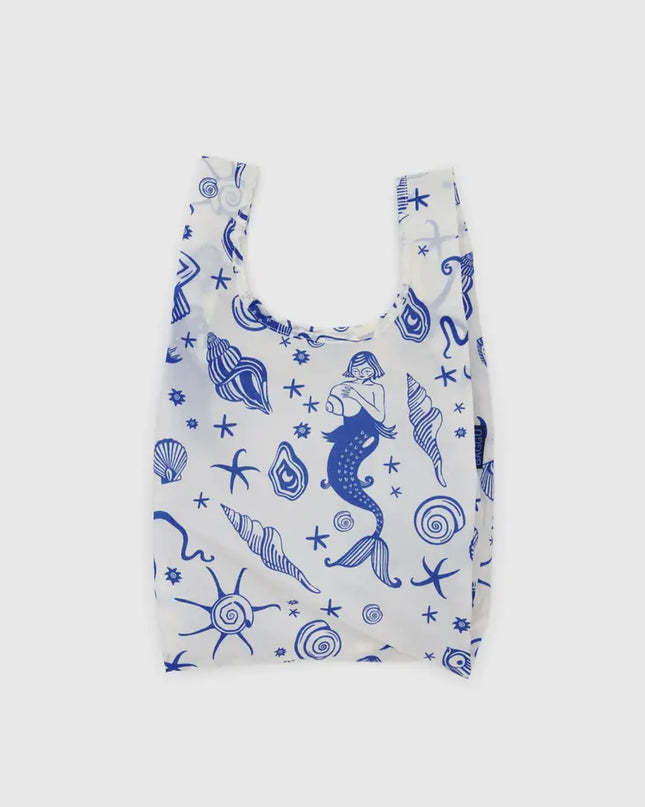 blue and white mermaid and seashell print on reusable baby baggu bag