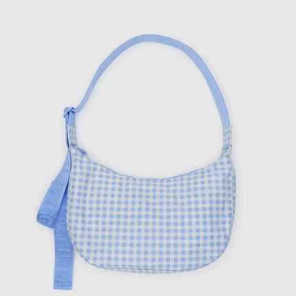 White and light blue gingham baggu crescent crossbody 