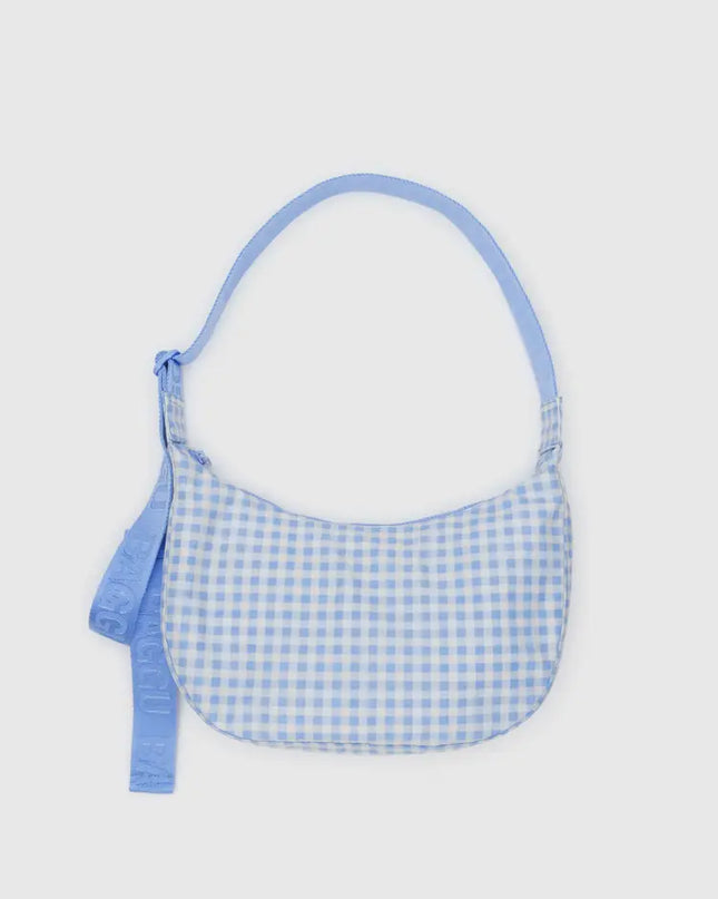 White and light blue gingham baggu crescent crossbody 