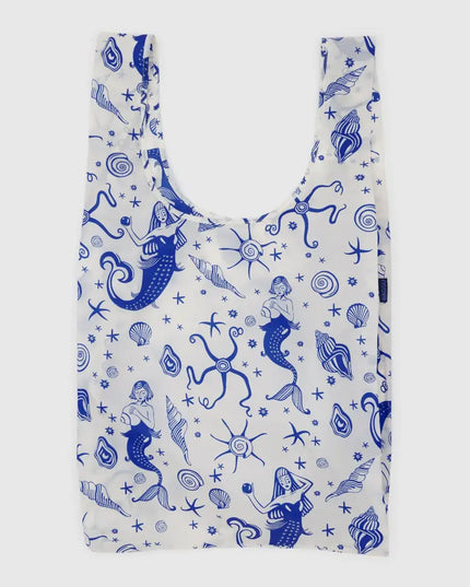 White reusable bag with blue sea and mermaid print 