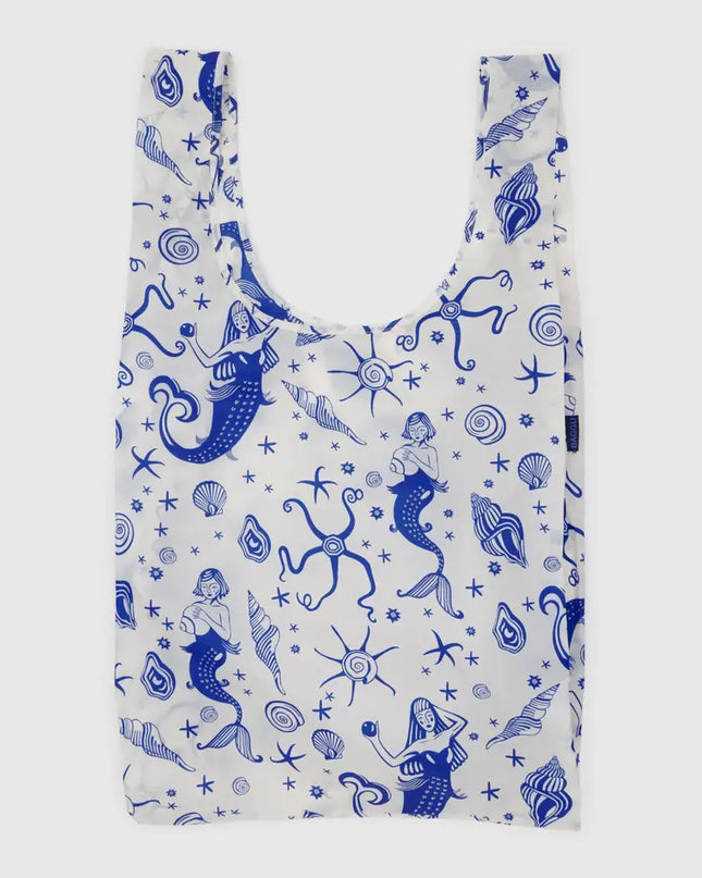 White reusable bag with blue sea and mermaid print 