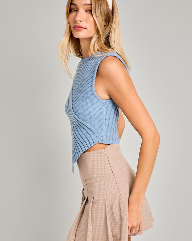 Your Own Kind of Blue- Asymmetrical Ribbed Knit Top - Light Blue