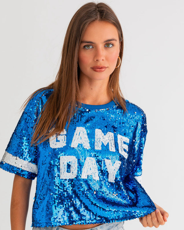 blue game day sequin crop