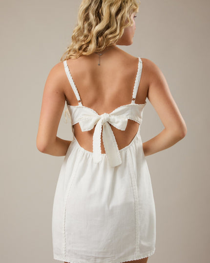 Cottage Bow Back Mini Dress – White Cotton Lace Trim Sundress