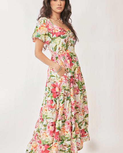 Woman wearing a floral dress on a white background