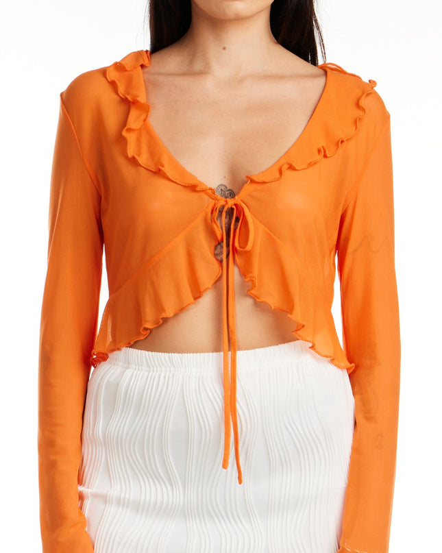 Trendy orange ruffle tie front top for women, sheer lightweight fabric, perfect for summer outfits from Calli’s Curations