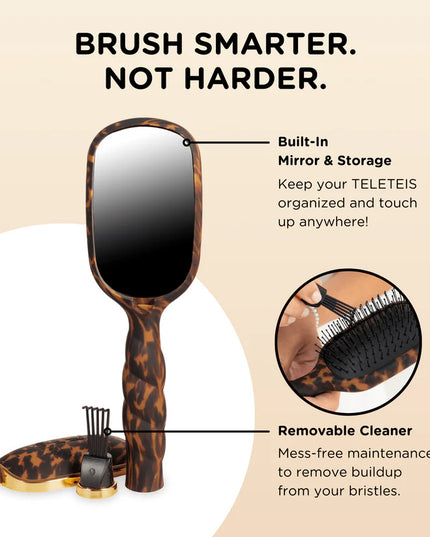 Leopard print hairbrush with mirror and storage feature on beige background