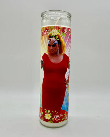 Candle with a colorful design on a white background