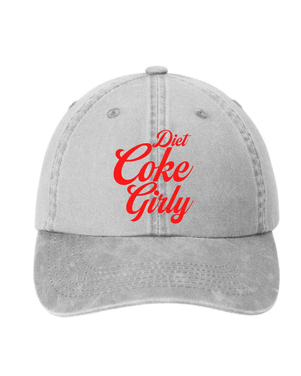 Beige baseball cap with red “Diet Coke Girly” embroidery