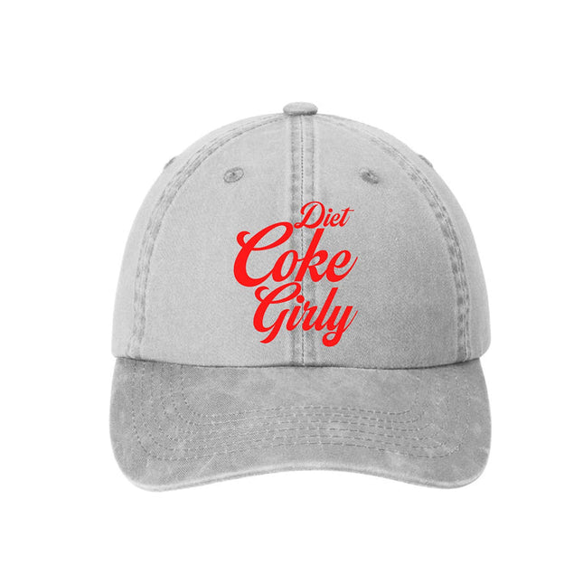Beige baseball cap with red “Diet Coke Girly” embroidery