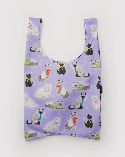 Purple reusable bag with cat pattern on a white background