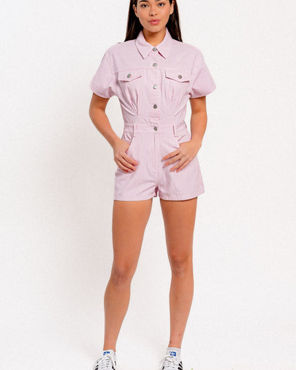 denim doll romper- flamingo pink stripe