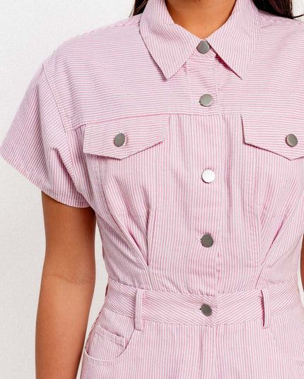 denim doll romper- flamingo pink stripe