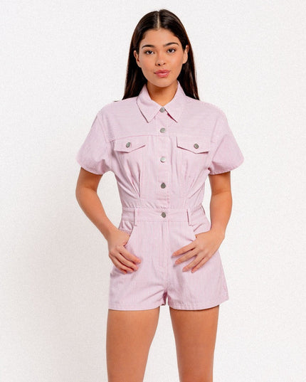 denim doll romper- flamingo pink stripe