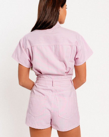 denim doll romper- flamingo pink stripe