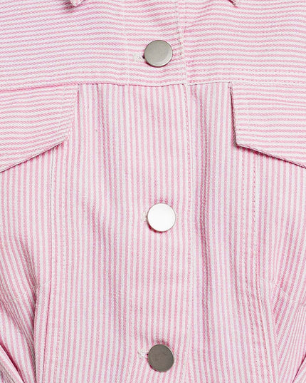 denim doll romper- flamingo pink stripe