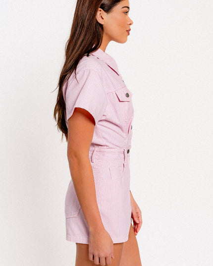 denim doll romper- flamingo pink stripe