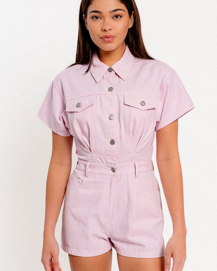 denim doll romper- flamingo pink stripe