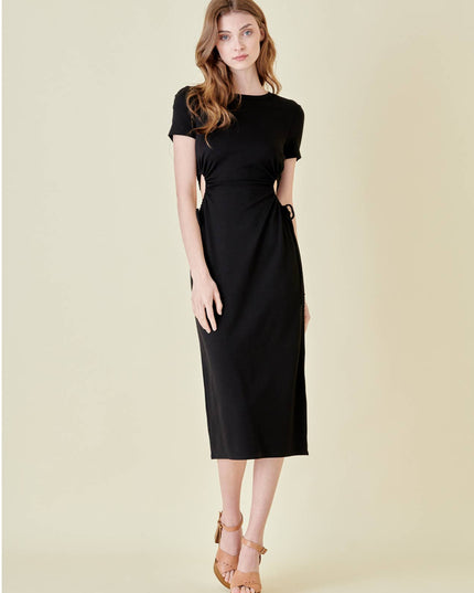 black midi dress with short sleeves and small cutout with tie on the side