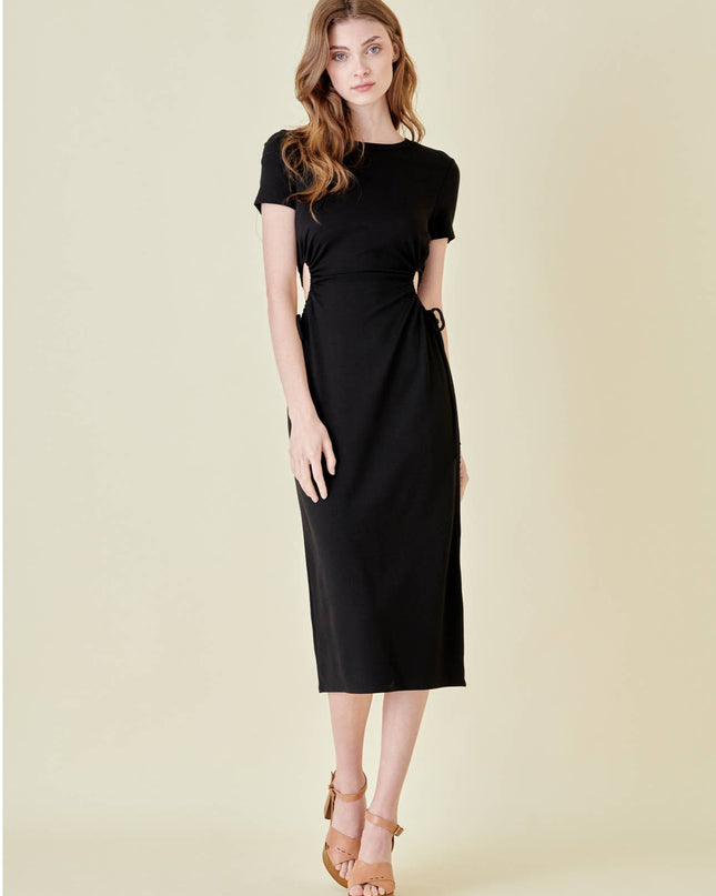 black midi dress with short sleeves and small cutout with tie on the side