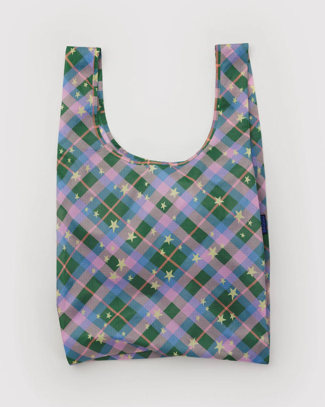 Medium Nylon Crescent Pink Plaid Star Standard Baggu