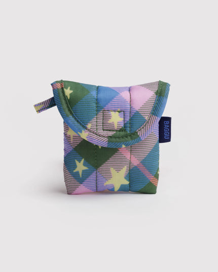 Colorful geometric patterned pouch with a brand tag on a white background