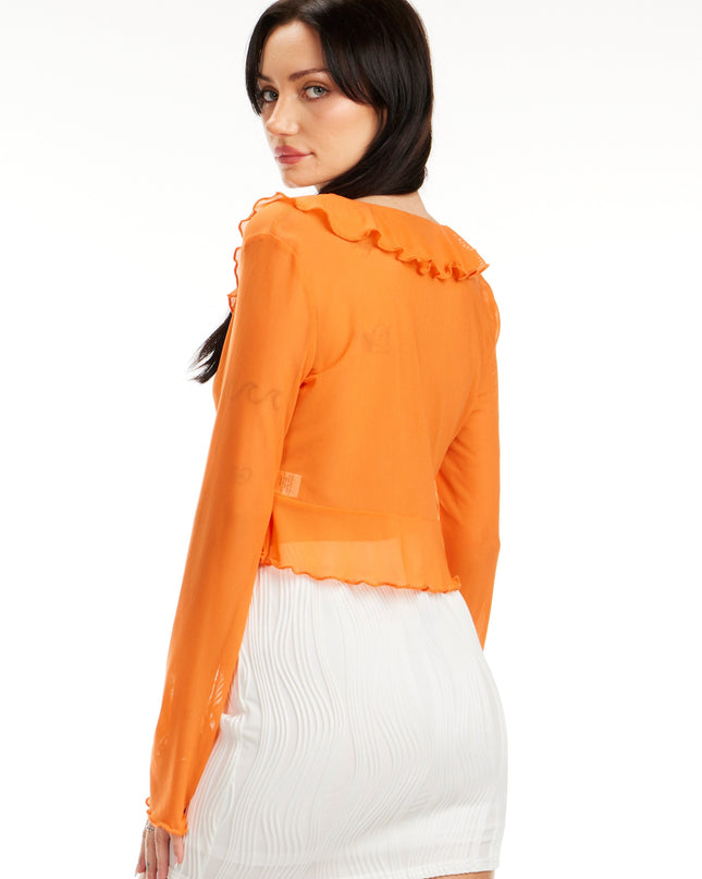 Women’s orange long sleeve blouse with ruffle neckline and cropped fit, Y2K inspired top from Calli’s Curations