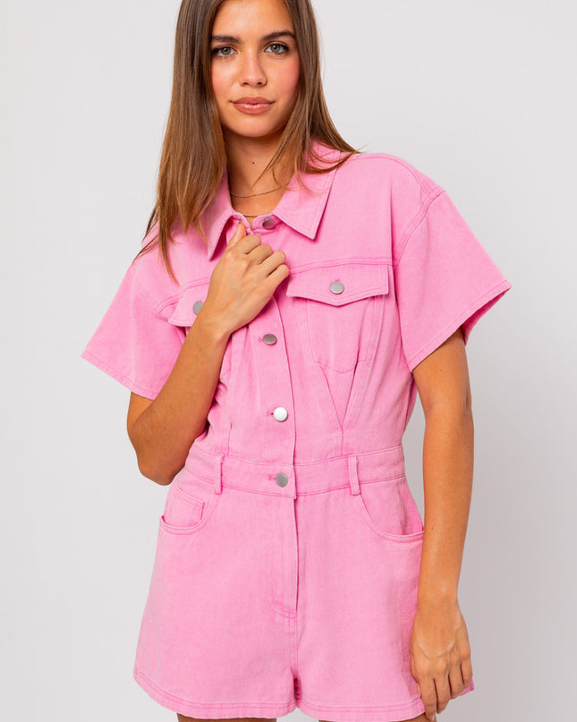 Denim Doll Romper- Baby Pink
