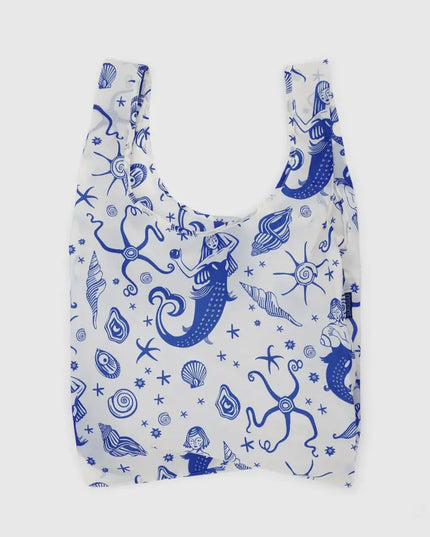 White reusable bag with blue sea and mermaid print 