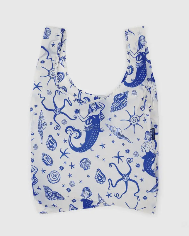 White reusable bag with blue sea and mermaid print 
